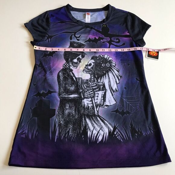 Skeleton Bride & Groom Gothic Halloween Dia de los Muertos Tee Sz L NWT - Picture 6 of 13